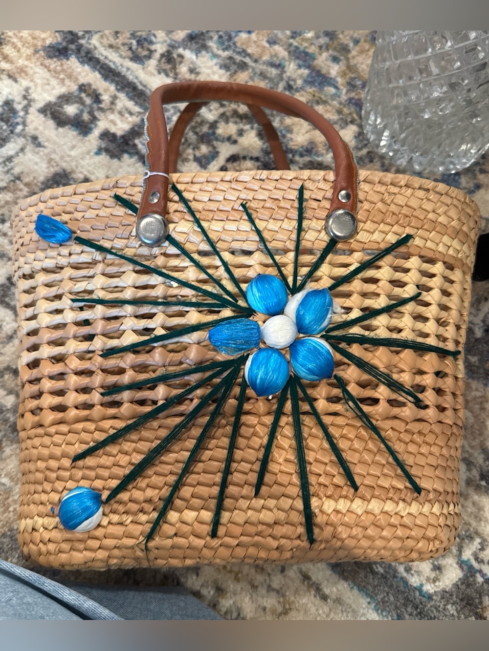 Vintage Handwoven Straw Tote Bag with Blue Flower Accent